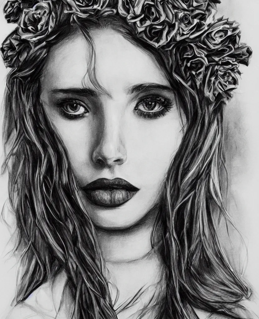Prompt: young Emma Roberts as a goddess of black roses looking searchingly into your eyes. charcoal shadowing. minute detail. blended shadowing. tricolors. ultra colorful. perfect lighting. perfect pose. amazing creative portrait illustration. the best portrait of a beautiful goddess in existence. large format image.