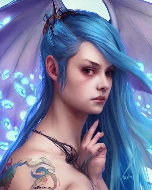 Image similar to pretty girl with a dragon back tattoo, blue hair, dj sura, laser lights, sharp focus, digital painting, 8 k, concept art, art by wlop, artgerm, greg rutkowski and alphonse mucha