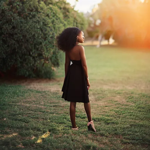 Image similar to portrait photograph of an elegant black woman wearing a sundress in Santa Monica. super resolution. 85 mm f1.8 lens.bokeh.graflex. Alessio albi