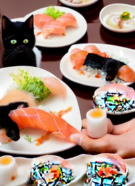 Image similar to clear photograph of cute cats eating sushi from sushi plates