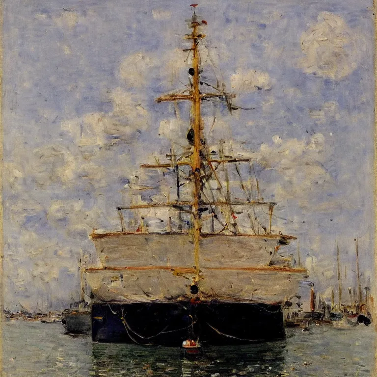 Prompt: a master painting of a big ship docked at the harbor, sharp focus, very detaied, by berthe morisot