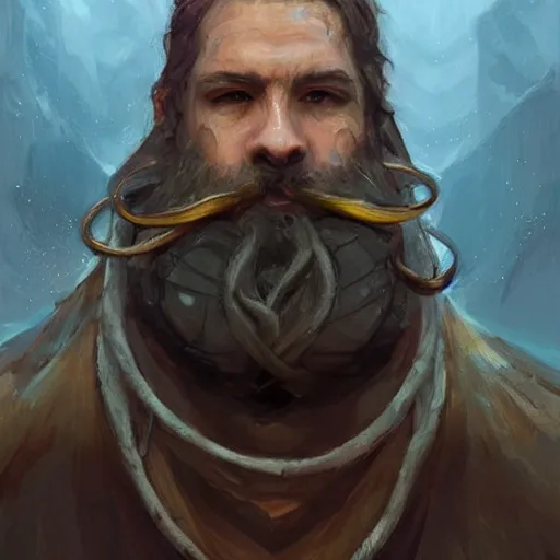 Prompt: A portrait of a cleric of Cthulu with short dark hair and a trimmed beard, he wears a sandstone cube on a string around his neck, as dark magic emanates from the cube tentacles spur from the water, digital art by Ruan Jia