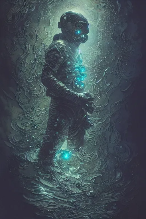 Prompt: close up shot of a full body floating astronaut portrait water elemental, james gurney, peter mohrbacher, mike mignola, black paper, mandelbulb fractal, trending on artstation, exquisite detail perfect, hyper detailed, intricate ink illustration, black background