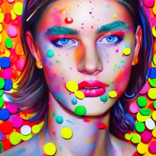 Image similar to hyperrealism oil painting, fashion model portrait, covered in colorful sprinkles