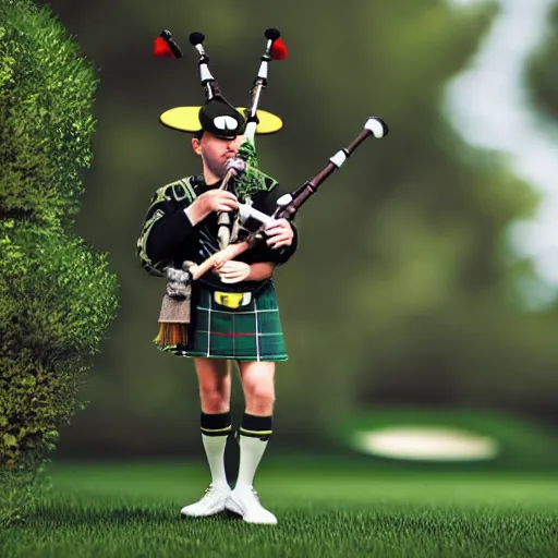 Image similar to realistic hornet playing bagpipes, golf course, realistic, hyper real, detailed,