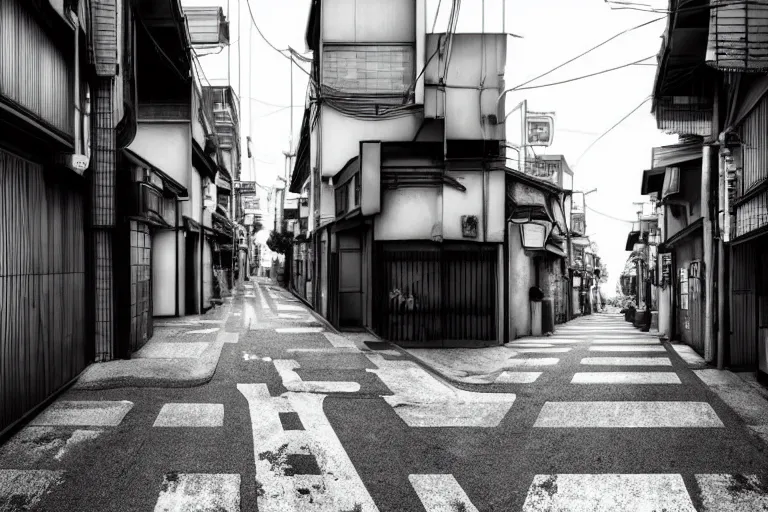 Image similar to still photo of a japanese street, black and white color aesthetic, highly detailed, photorealistic portrait, bright studio setting, studio lighting, crisp quality and light reflections, unreal engine 5 quality render