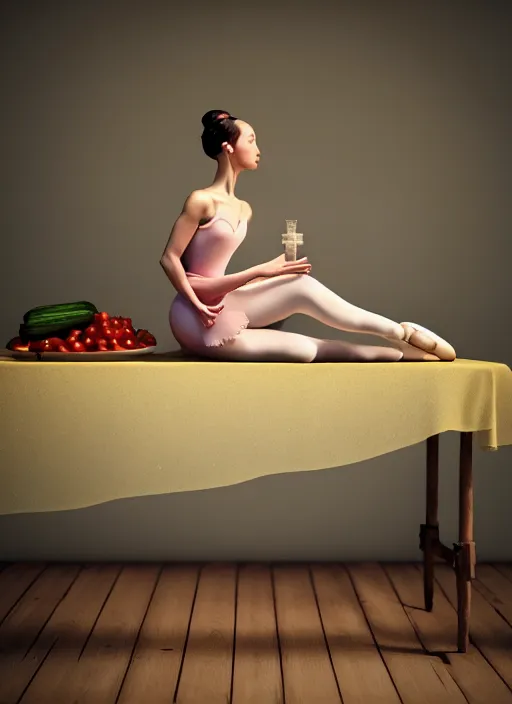 Image similar to a ballerina sitting on top of a wooden table, medieval concept art, cinematic lightning and colors, featured on cg society, photorealism, vray tracing, rendered in unreal engine, photorealistic, vegetables on table and candle, dark lightning, contrast shadows