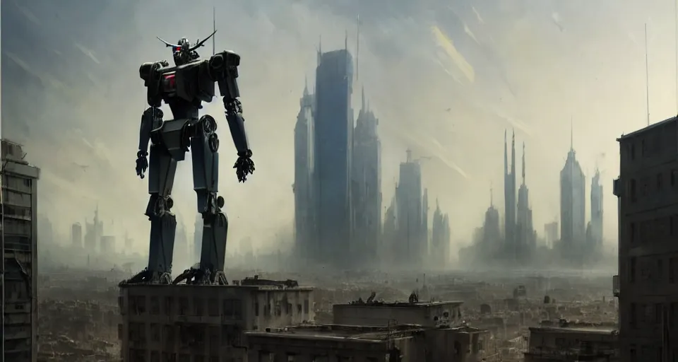 Prompt: hyper realistic sci - fi matte concept art painting of mecha standing on top of a building overlooking war in the streets, beautiful details, strong composition painted by kim jung guweta studio rutkowski, james gurney and greg rutkowski, and lucasfilm, smooth, intricate, detailed, sharp focus, cinematic