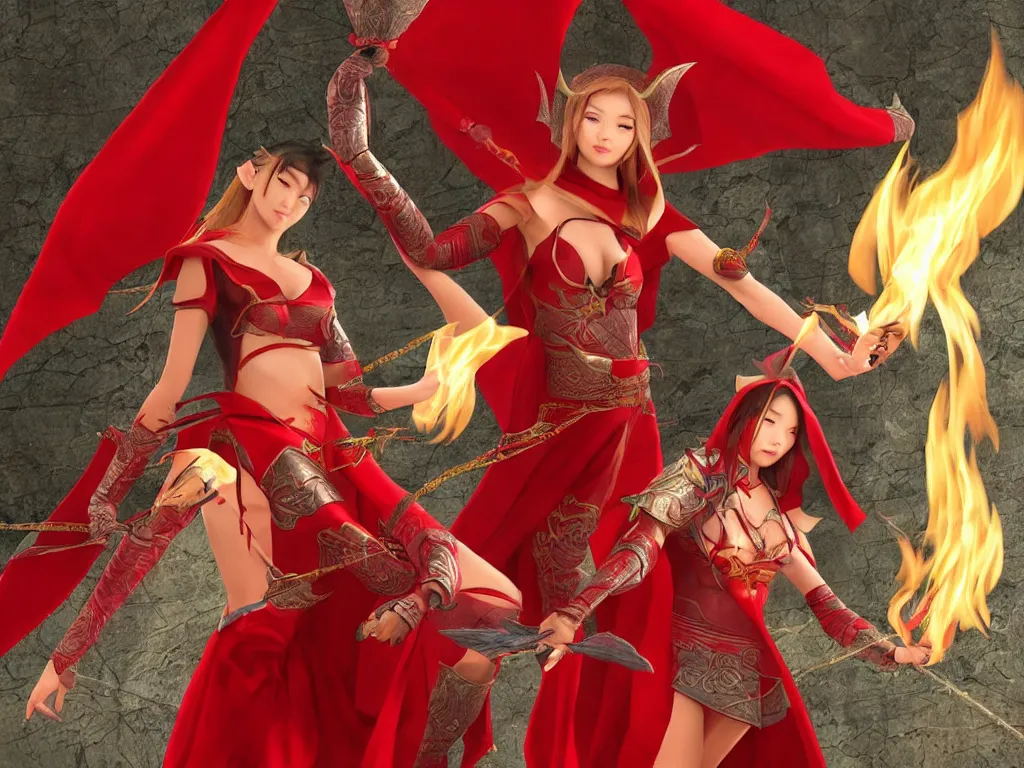 Image similar to a realistic asian fantasy illustration of a female elf mage in a scale mail and a red cape casting a fire spell in a shape of a dragon