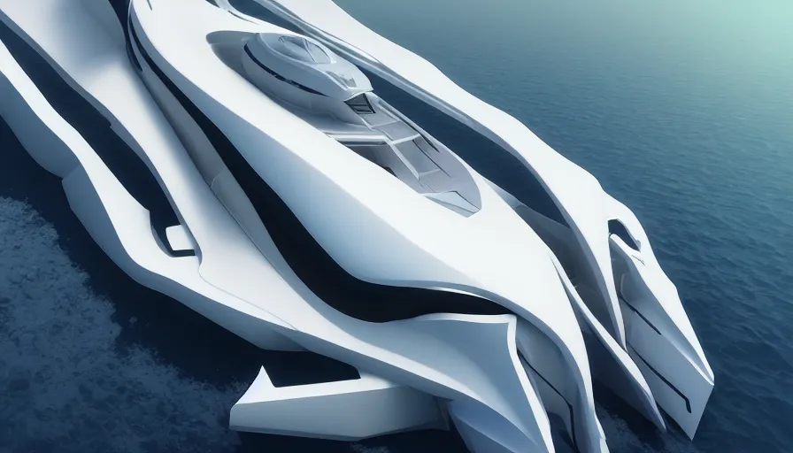 Image similar to a futuristic sport yacht by artgerm and greg rutkowski and alphonse mucha, zaha hadid, volumetric light, detailed, octane render, midsommar