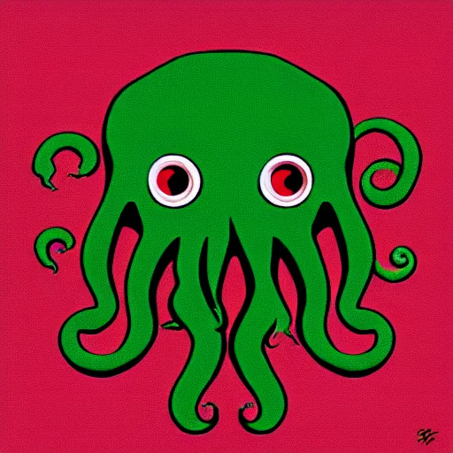 Image similar to a cute cthulhu icon drawn in the style of rockwell kent