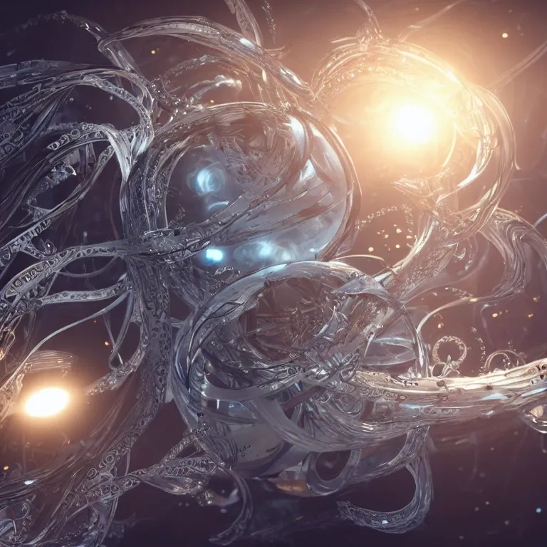 Image similar to swirling abstract cyborg parts and bio - mechanical tendrils and ornate flowing smoke streams and liquid light streaks surround a small metallic sphere, cinematic, unreal engine