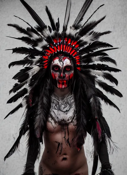 Image similar to the ghost - spirit of the grim - warpaint wears the scarlet skull armor and native blood headdress feathers, midnight fog - mist!, realism, cinematic lighting, various refining methods, micro macro autofocus, ultra definition, award winning photo