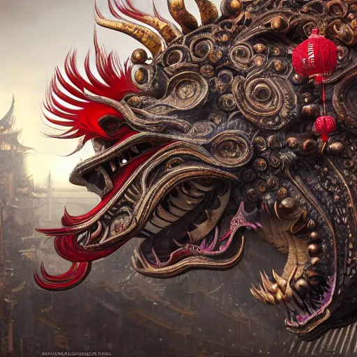 Image similar to chinese new year festival, intricate detail, royo, vallejo, frazetta, giger, whealan, hd, unreal engine,