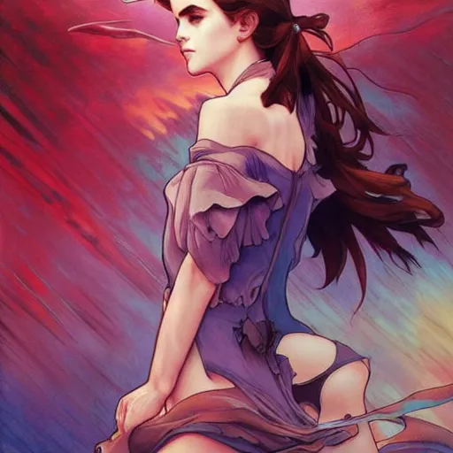 Prompt: emma watson under water, perfect coloring, low saturation, epic composition, masterpiece, bold complimentary colors. stunning masterfully illustrated by artgerm, range murata, alphonse mucha, katsuhiro otomo