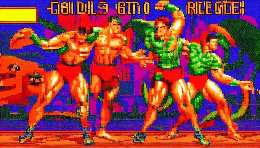 Image similar to beautiful still from retro snes arcade game featuring muscular gene kelly on steroids demanding a refund on undercooked overpriced dinosaur steak in downtown dive bar bistro, hyperreal detailed facial features and uv lighting, retro nintendo bitmap pixel art