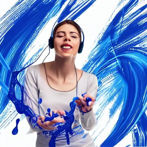 Image similar to dripping electrical blue paint across the shape of a female human body dancing and listening to music with headphones, realistic , high detail, on a clear white background