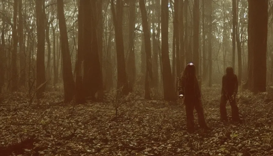 Image similar to 16 mm indie horror film about demons attacking people in the forest