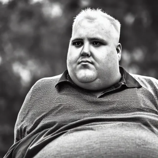 Image similar to a portrait photo of the fattest man ever, he is not happy, 5 0 mm, depth of field