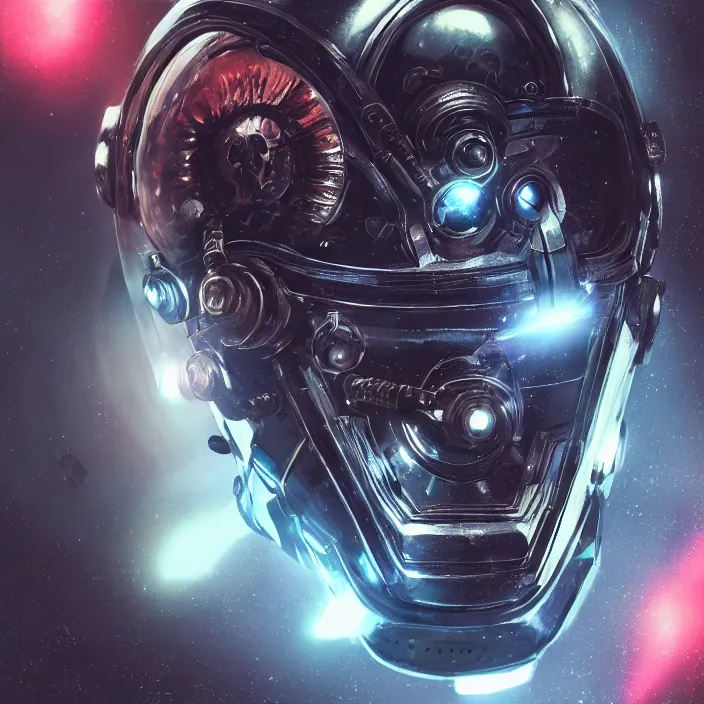 Image similar to portrait art of 8k ultra realistic retro futuristic space marine helmet, lens flare, atmosphere, glow, detailed,intricate,blade runner, cybernetic, full of colour, cinematic lighting, trending on artstation, 4k, hyperrealistic, focused, extreme details,unreal engine 5, cinematic, masterpiece, art by ayami kojima, giger