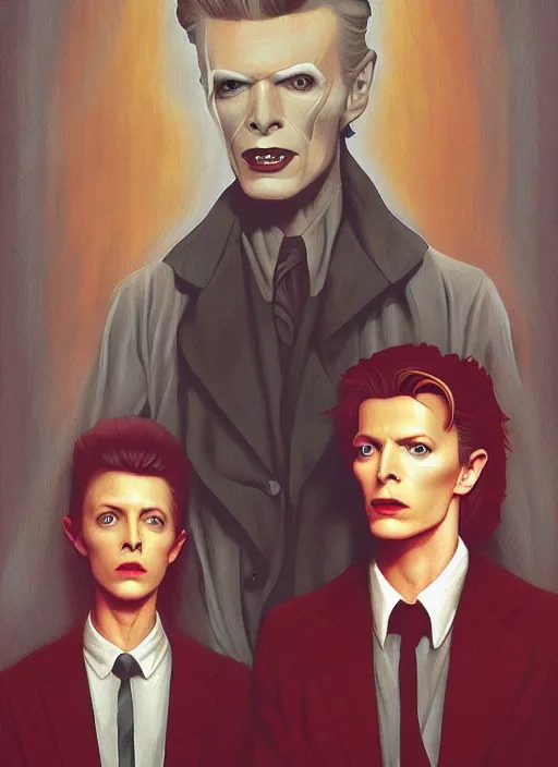 Prompt: twin peaks poster art, portrait of david bowie meets the little boy who is the prince of darkness, by michael whelan, rossetti bouguereau, artgerm, retro, nostalgic, old fashioned