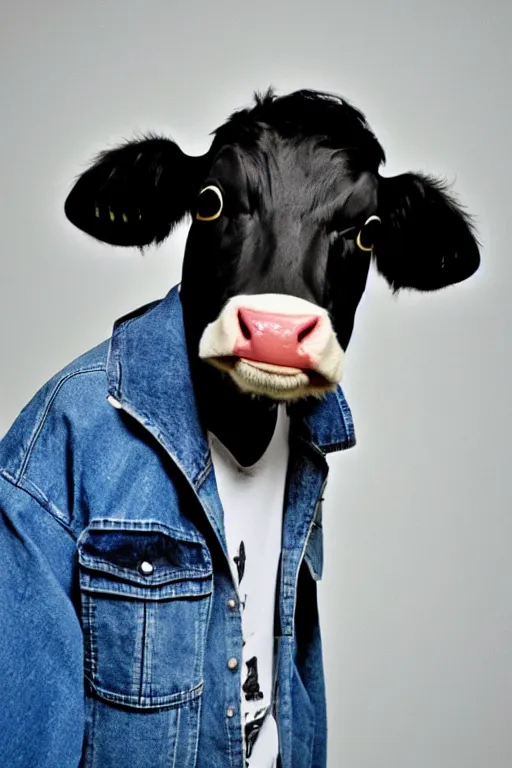 Prompt: Photo of hip hop cow in a denim jacket recording a hit single in the studio