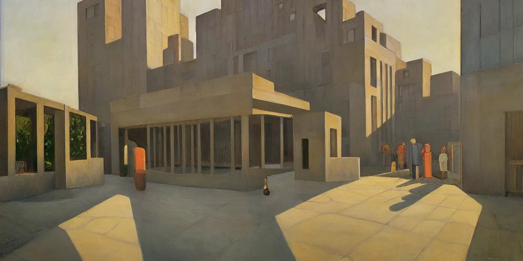 Image similar to brutalist architecture, fantastical courtyard, morning light, grant wood, pj crook, edward hopper, oil on canvas