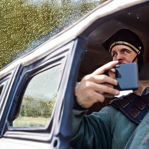 Image similar to a roman soldier taking a selfie inside of a car.