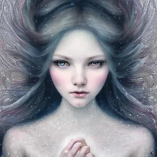 Image similar to Beautiful Delicate Detailed full head portrait of snow woman, With Magical grey eyes by Tom Bagshaw, Bastien Lecouffe Deharme, Erik Johansson, Amanda Sage, Alex Grey, Alphonse Mucha, Harry Clarke, Josephine Wall and Pino Daeni, Delicate winter frozen creature With long white windy Hair and Magical Sparkling Eyes, Magic Particles; Magic Swirls, in a oit of this world magical frozen landscape, 4K; 64 megapixels; 8K resolution concept art; detailed painting; digital illustration; hyperrealism; trending on Artstation; Unreal Engine Photorealistic, lifelike, Unreal Engine, sharp, sharpness, detailed, 8K