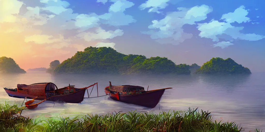 Image similar to pulau indah village, boat in foreground, early morning, detailed matte painting, low angle view, telephoto lens, bokeh, studio ghibli, artstation