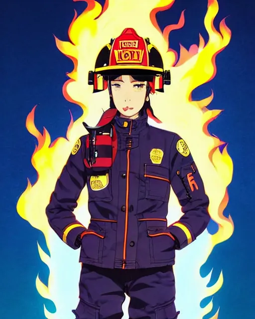 Image similar to fireman, cool pose, fire jacket, helmet, covered in beautiful flames!!! | | very very anime!!!, beautiful fine - face, audrey plaza, realistic shaded perfect face, fine details. anime. realistic shaded lighting poster by ilya kuvshinov katsuhiro otomo ghost - in - the - shell, magali villeneuve, artgerm