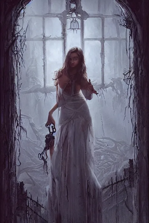 Image similar to movie poster of miranda kerr staring in a 1980 horror movie, haunted house themed, by artgerm and greg rutkowski