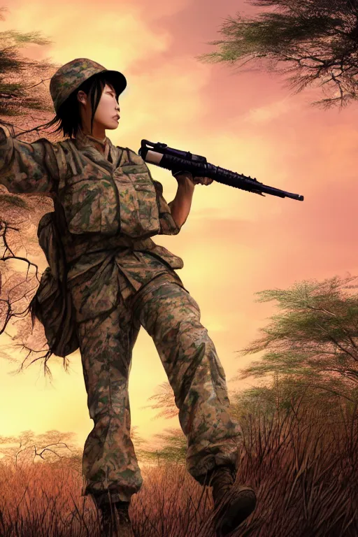 Prompt: a female japanese soldier hiking in the savannah, mid shot, looking away, realistic shaded perfect anatomy, fine details. sunset. very anime style. realistic shaded lighting poster, trending on art station