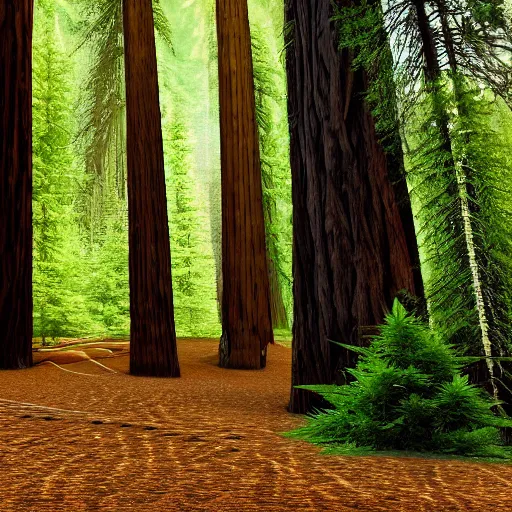 Image similar to of marijuana plants instead of coastal redwood trees in the redwoods forest in california, 4 k photorealism hd