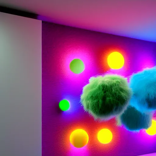 Image similar to : colorful abstract fuzzy sculpture art on the wall in modern architecture studio high luxury, cinematic lighting, hyper - realistic, detailed, render by c 4 d octane, unreal engine, 8 k 3 d render