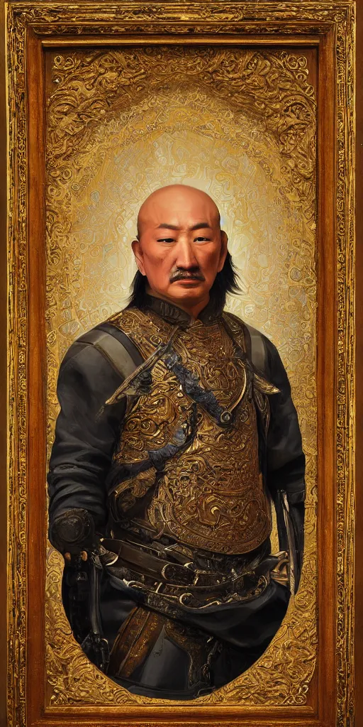 Image similar to a stunning and noble highly detailed romantic period style portrait of Genghis Khan by Josep Tapiró Baró, trending on artstation, oil painting masterpiece, symmetry, fractals, Mongolian iconography