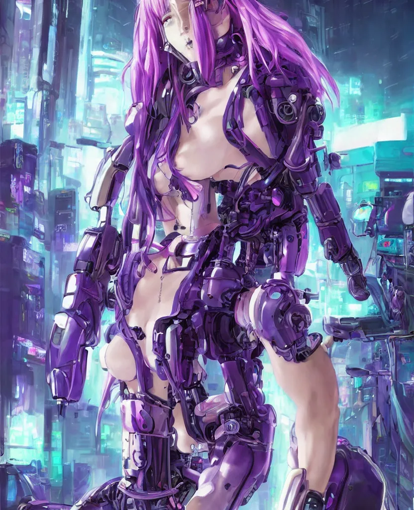 Image similar to A beautiful painting of a cyberpunk anime girl with purple hair and an a huge robot arm sensual stare, augmentations and cybernetic enhancements neon circuits, by Stanley Artgerm Lau, WLOP, Rossdraws, James Jean, Andrei Riabovitchev, Marc Simonetti, and Sakimichan, trending on artstation, hyperrealist, cinema4D, 8k highly detailed ❤️‍🔥 🔥 💀 🤖 🚀