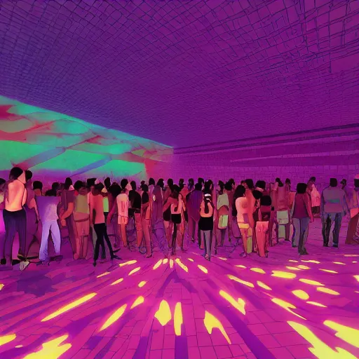 Image similar to cartoon, vaporwave, people communicating with each other in groups of ten, a large hall, dim painterly lighting volumetric aquatics, disco party