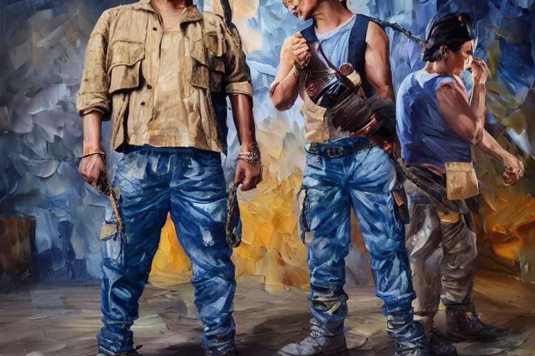 Image similar to palette knife oil painting of the underhand naga gang, a mixed asian gang who wear cargo or cami pants, work boots, and light navy jackets over beige shirts. they wrap their hands in rope and wield smg - tonfa hybrids. extreme detail, artstation trending, artgerm, deviant art, octane, substance, art history 8 k