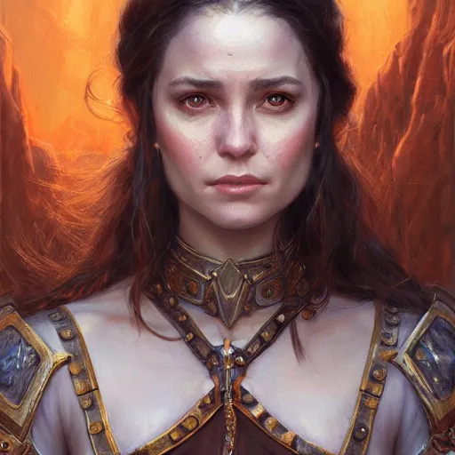 Image similar to lauren as a realistic d & d fantasy character, closeup portrait art by donato giancola and greg rutkowski, vintage retro, realistic face, digital art, trending on artstation, symmetry!!