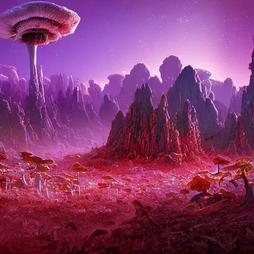 Prompt: A lovely picture of an alien landscape with mycelium aliens by John Berkey, forest made out of mushroom, purple and red and white gradient colour theme, trending on DeviantArt, rendered in blender, 8k resolution, Mountains, no green