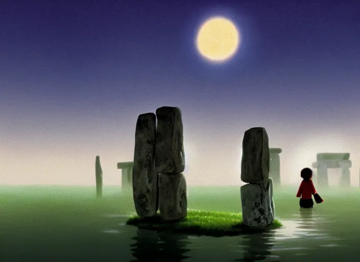 Image similar to a realistic cell - shaded studio ghibli concept art from paprika ( 2 0 0 6 ) of a floating cube from close encounters of the third kind ( 1 9 7 7 ) and a grey caveman meditating on top of a pillar in a flooded stonehenge on a misty starry night. very dull colors, hd, 4 k, hq