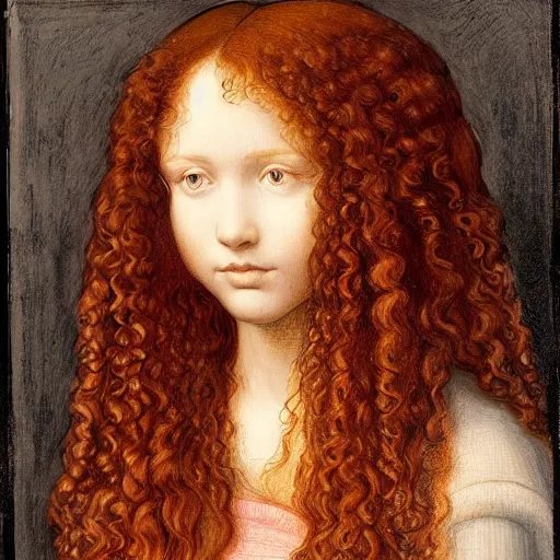 Prompt: a portrait of a girl with red curly long hair, with a pretty frame and a devoted posture, her hands are in front of her face in praying motion, a tear slides down her left cheek while she looks at the viewer, in the style of leonardo davinci, extremely detailed, golden ratio, 8 k