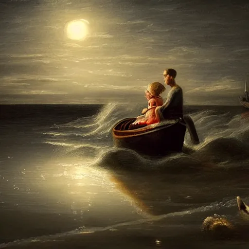 Prompt: man and daughter in a small boat on a rough sea late at night, moonlight reflections across water, hyper realism, high detail, deep aesthetic, rich colors, 4k, highly ornate intricate details,