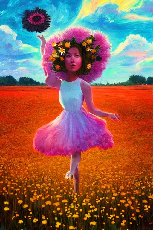 Image similar to giant daisy flower as head, girl dancing in a flower field, surreal photography, sunrise, dramatic light, impressionist painting, colorful clouds, digital painting, artstation, simon stalenhag