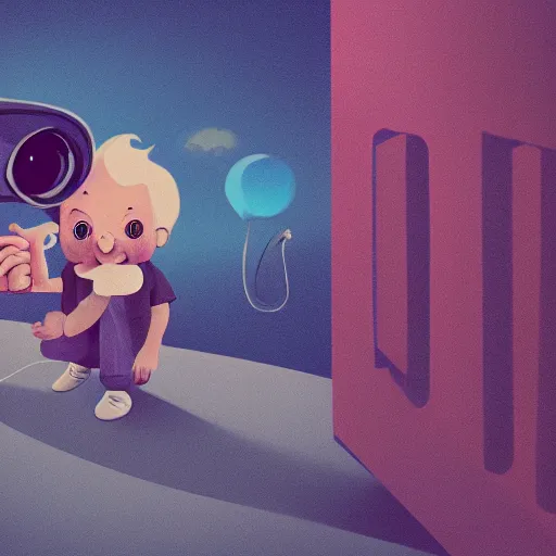 Image similar to cute cartoon character, curled perspective, digital art, baby girl, smiling beard grandpa taking photo, old photo camera, anton fadeev