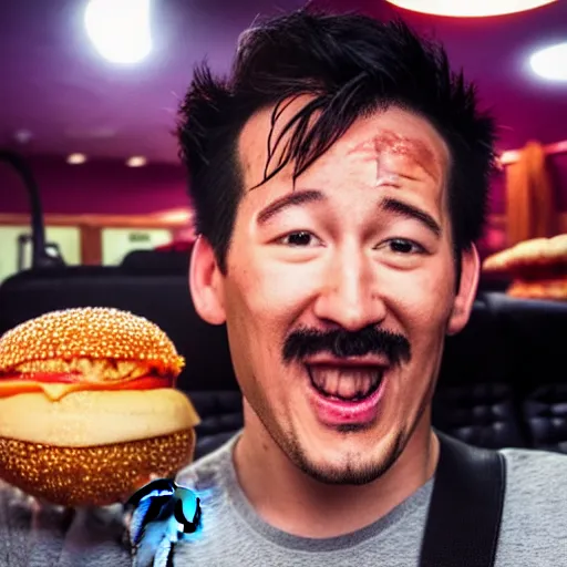 Prompt: photograph of Markiplier lifting a gigantic hamburger over his head, sweating, red face, steam