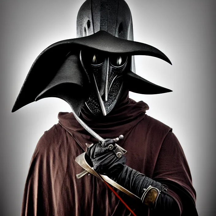 Prompt: portrait photograph of a plague doctor warrior. Extremely detailed. 8k