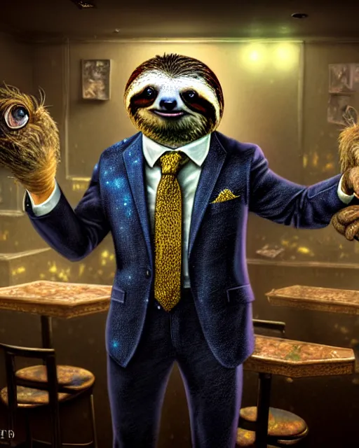 Prompt: hyperrealistic mixed media painting of a sloth wearing a suit and tie, dimly lit dive bar, stunning 3d render inspired art by P. Craig Russell and Barry Windsor-Smith + perfect facial symmetry + dim volumetric lighting, 8k octane beautifully detailed render, post-processing, extremely hyperdetailed, intricate, epic composition, grim yet sparkling atmosphere, cinematic lighting + masterpiece, trending on artstation, very very detailed, masterpiece, stunning