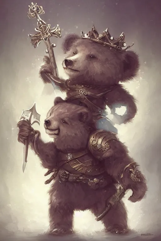 Image similar to cute little anthropomorphic bear knight wearing a cape and a crown, tiny, small, miniature bear, baby animal, short, pale blue armor, cute and adorable, pretty, beautiful, DnD character art portrait, matte fantasy painting, DeviantArt Artstation, by Jason Felix by Steve Argyle by Tyler Jacobson by Peter Mohrbacher, cinematic lighting